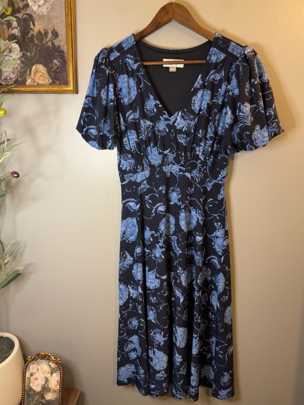 Harper Rose Blue Floral Midi Dress Size 4 Smocked Waist Puff Sleeve - Picture 3 of 9